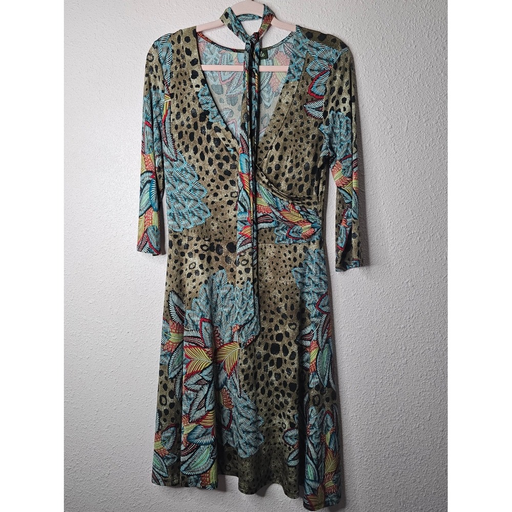 Maude Leopard Tropical Floral Faux Wrap Dress Brown Blue Neck Tie Safari Boho
